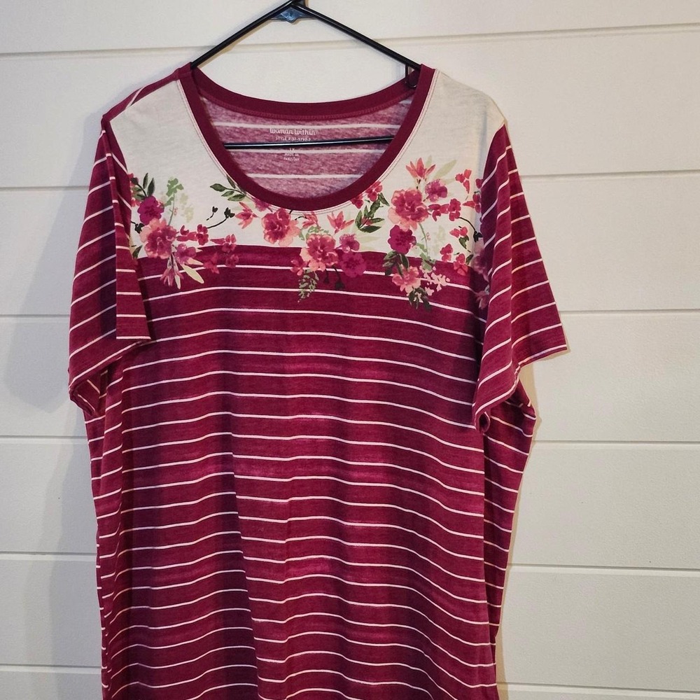 Woman Within Hot Pink White Striped Floral Tee Shirt 1X 22/24 37-1797-2